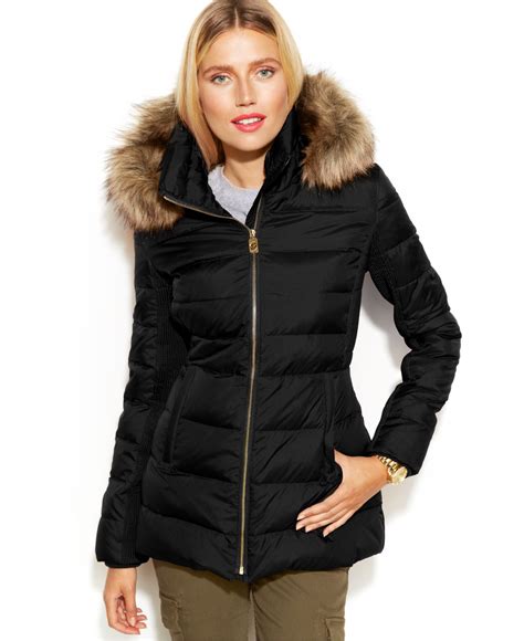 michael michael kors hooded down puffer coat with faux-fur trim|Michael Kors lightweight puffer coats.